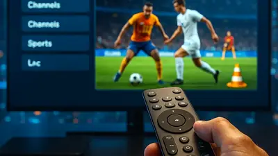 Écran de téléviseur affichant un guide de chaînes IPTV, avec un match en cours dans la fenêtre