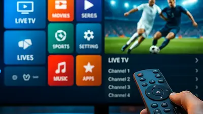 Téléviseur qui affiche un match de football en direct, télécommande tenue à la main