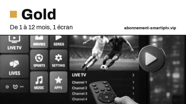 Gold, de 1 à 12 mois, 1 écran : téléviseur qui affiche un menu IPTV et un match, télécommande en main