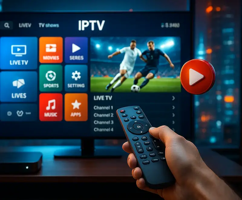 Menu IPTV sur un téléviseur avec un match de football en cours, télécommande en main