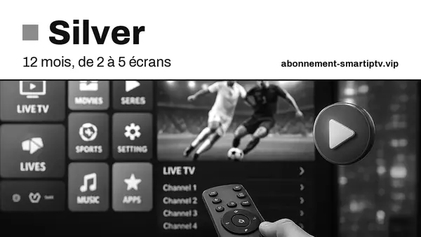 Silver, 12 mois, de 2 à 5 écrans : téléviseur qui affiche un menu IPTV et un match, télécommande en main